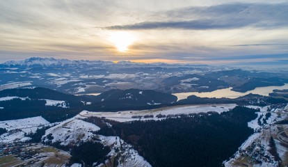 Fototapeta na wymiar Aerial drone view on Polish Tatra mountains and Czorsztyn Lake.