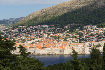 Fototapeta na wymiar Old Town, buildings on the hillside and Mount Srd in Dubrovnik, Croatia, viewed from the lush Lokrum Island on a sunny day.