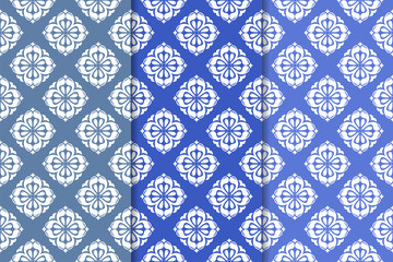 Set of floral ornaments. Vertical blue seamless patterns