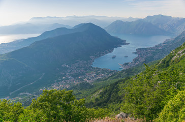Fototapeta na wymiar A view of the ancient city of Kotor and the Boka Kotorska bay from the top of the mountain.