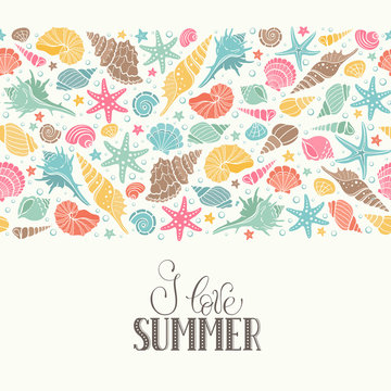 Summer time horizontal banner. Hand drawn sea shells and stars collection. Marine illustration of ocean shellfish. Colorful seashells arranged in stripe isolated on white background.