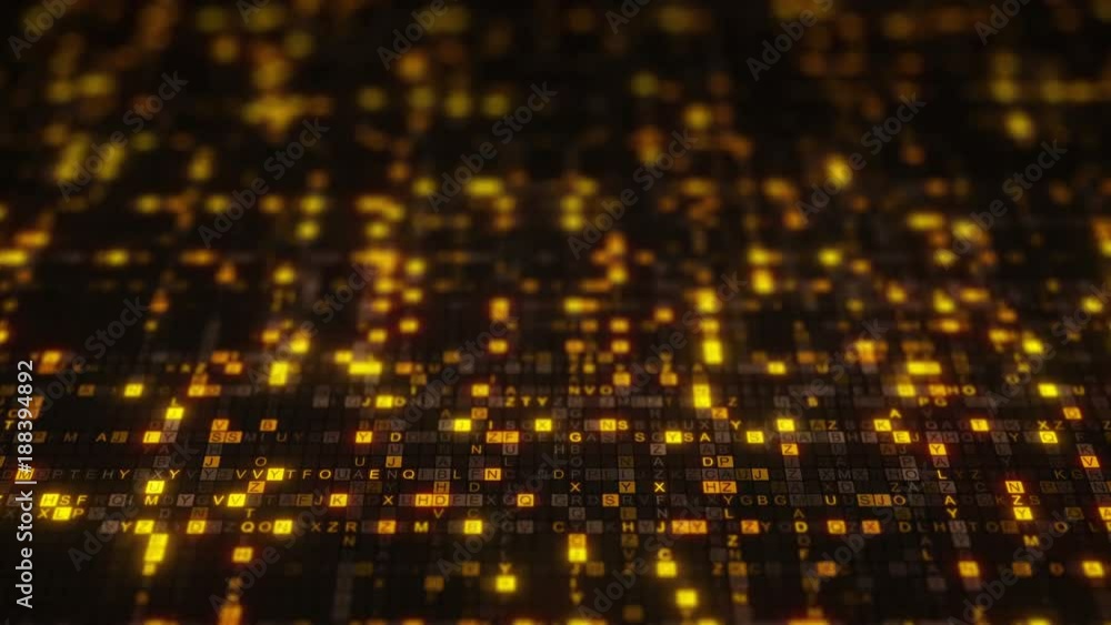 Poster yellow random abc letters. big data concept. seamless loop dolly shot animation rendered with dof 4k