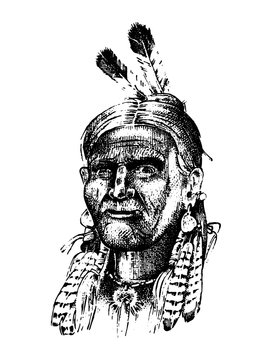 Native American Indian man with headdress and feathers. North or west head mascot of Sioux. traditional culture. half-face, engraved hand drawn realistic in old sketch, vintage style.