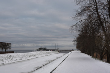 Beautiful winter landscape on the shore of the Finnish Gulf in Peterhof Park in St. Petersburg