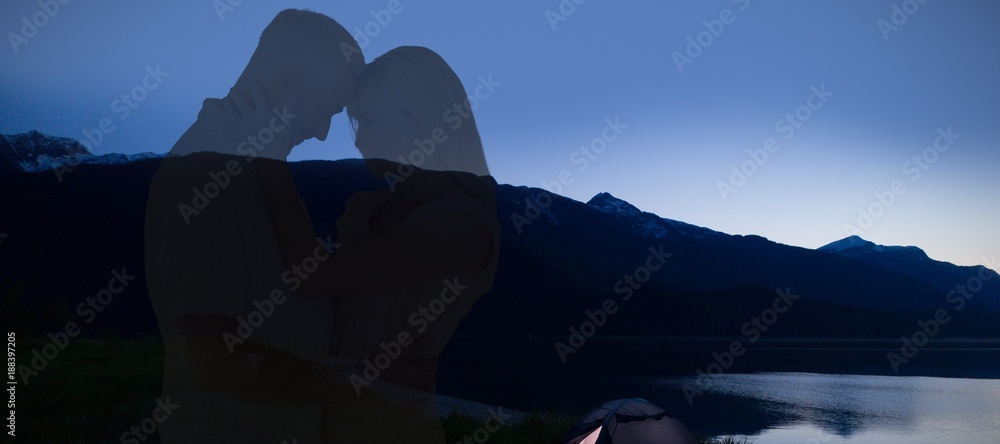 Poster composite image of affectionate couple standing and hugging