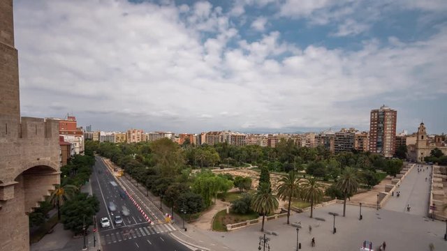 aerial view of the Turia Valencia gardens time lapse, from the Serrano towers belonging to the old defensive walls