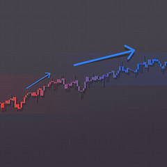 Stock market bars chart growing higher trend with up arrows and shadows on dark background. 3D illustration for business data report financial charts.