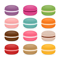 Different types of macaroons. Set of different taste cake macarons. Flat style, vector illustration.