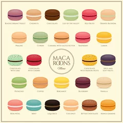 Fotobehang Different types of macaroons. Macaroons  menu. Set of different taste cake macarons. Flat style, vector illustration. © mallari