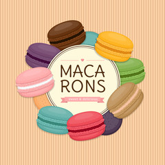 Colorful macaroons round frame. Different  cake macaron. Flat style, vector illustration.