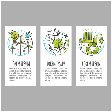 Ecology, green technology, organic, bio. Vector cartoon banner set with thin line icons