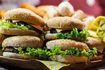 Fresh homemade hamburger with fresh vegetables and herbs.