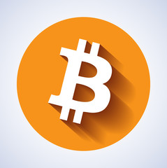 Crypto currency Bitcoin flat vector logo, icon for web, sticker for print. Bitcoin blockchain cryptocurrency.