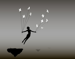 boy is flying rock and holding pigeons on flying rock, little prince, fly in the dream, shadows, life on flying rock,