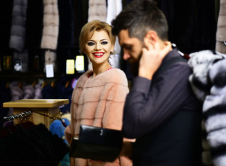 Rich fashion concept. Man and girl with happy face