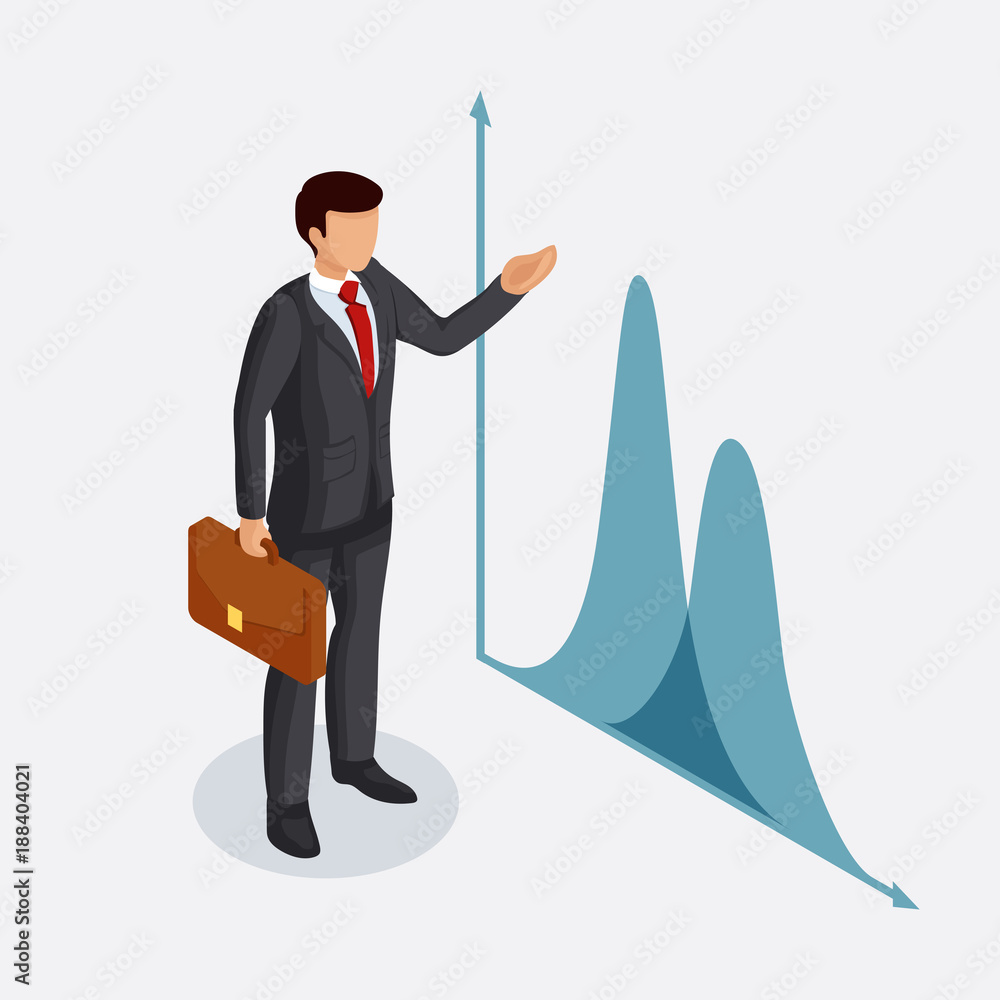 Poster businessman with a briefcase points to a chart or chart. vector illustration in isometric view isola