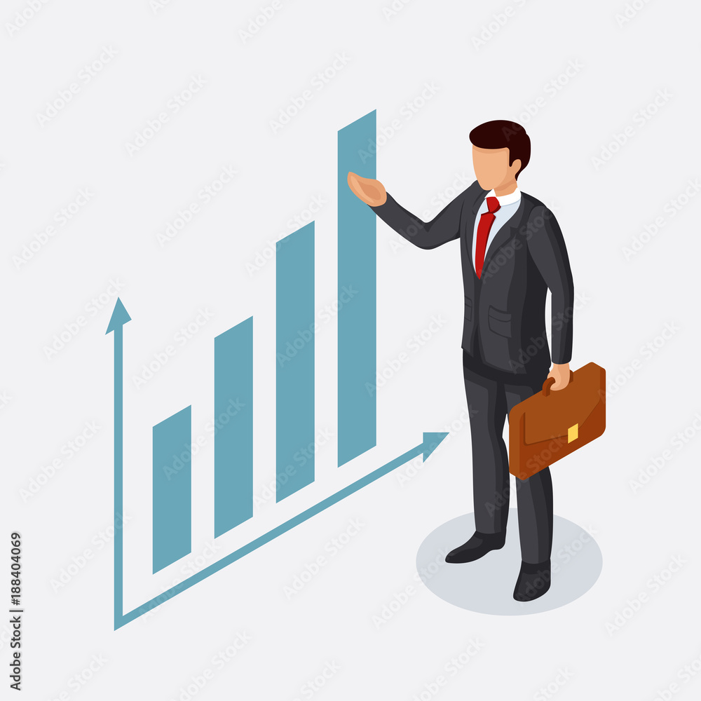 Poster businessman with a briefcase points to a chart or chart. vector illustration in isometric view isola