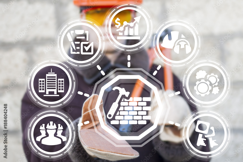 Poster industrial bricklayer using virtual interface installing bricks wall on construction site. construct