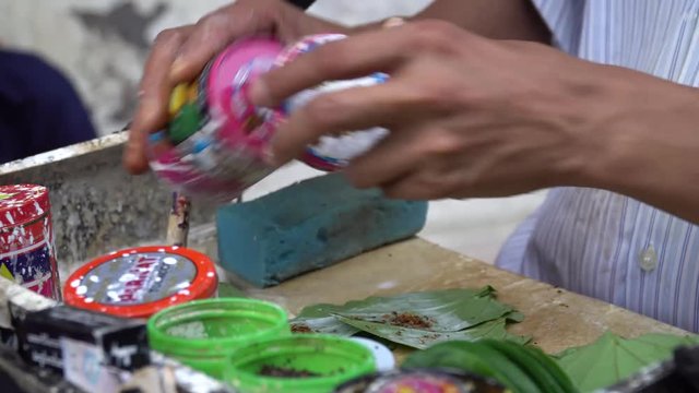 Street Vendor Makes Betel Nut Snack in Myanmar