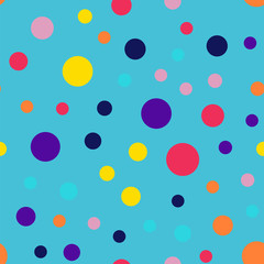 Memphis style polka dots seamless pattern on blue background. Marvelous modern memphis polka dots creative pattern. Bright scattered confetti fall chaotic decor. Vector illustration.