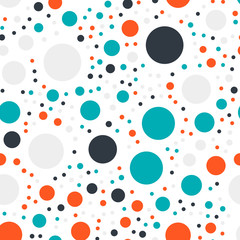 Colorful polka dots seamless pattern on white 17 background. Exceptional classic colorful polka dots textile pattern. Seamless scattered confetti fall chaotic decor. Abstract vector illustration.