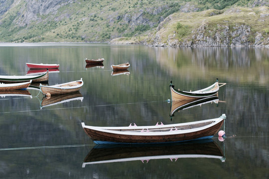 Canoes on lake