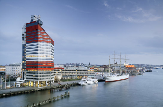 Aerial view of ships docked in harbor