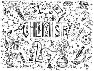 Chemistry of icons set. Chalkboard with elements, formulas, atom, test-tube and laboratory equipment. laboratory workspace and reactions research. science, education, medical. engraved hand drawn.