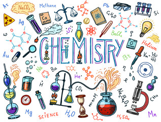 Chemistry of icons set. Chalkboard with elements, formulas, atom, test-tube and laboratory equipment. laboratory workspace and reactions research. science, education, medical. engraved hand drawn.