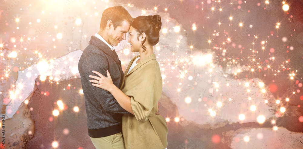 Poster composite image of side view of romantic couple hugging