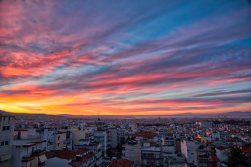 sunrise over the buildings in a neighborhood of the city of Thessaloniki