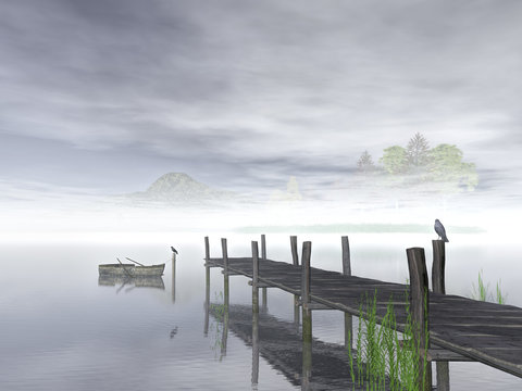 Lake Wood Dock On  In Late Afternoon, 3d Rendering