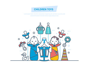 Children toys concept. Children's toys and accessories for newborns.