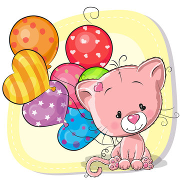 Cute Cartoon Kitten with balloons