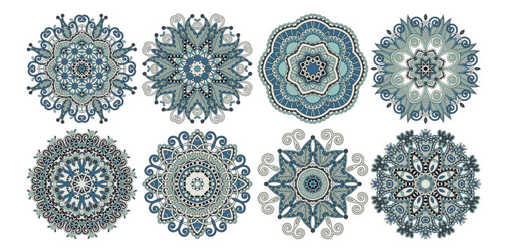 set of decorative circle patterns, ethnic flower paisley design