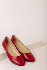 Female shoes of red color on a white background.