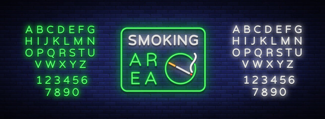 Smoking area is a vector neon sign. Neon symbol, a luminous sign is a place for smoking. Bright sign, luminous banner. Editing text neon sign. Neon alphabet