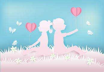 Young boy and girl sitting on meadow with heart paper art style, Valentine concept paper craft style illustration