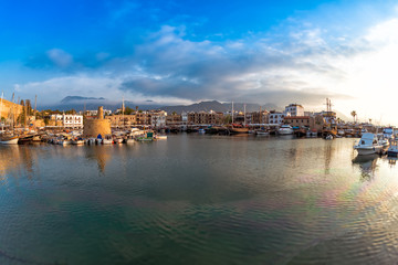 Scenic view of historic harbor and the old town in Kyrenia (Girne). Cyprus