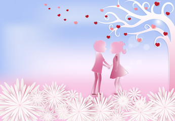 Boy and girl with heart valentine pink background paper art, paper craft style illustration