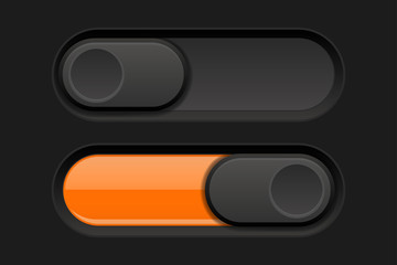 On and Off long oval icons. Black and orange switch interface buttons