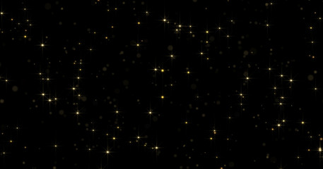 Gold particles shine background with light glow bokeh and shimmering dust light magic effect. Golden particles and shimmering glowing light for luxury premium Christmas background design