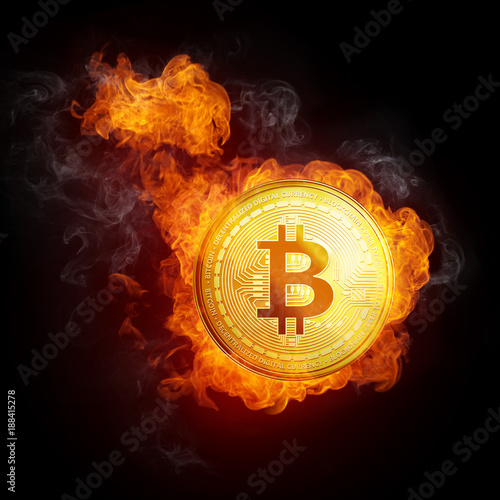 Golden Bitcoin Coin In Fire Flame Is Falling Burning Crypto - 