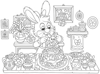 Little bunny decorating a fancy cake to Easter, a black and white vector illustration in funny cartoon style for a coloring book