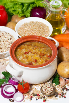 healthy lunch, soup with lentils and vegetables, vertical