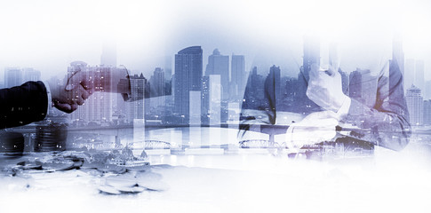 Double exposure of success business man city background.time for business.concept freedom business.
