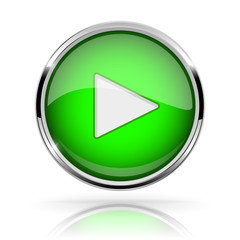 Green round media button. PLAY button. Shiny icon with chrome frame and with reflection