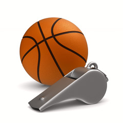 Metal whistle and basketball ball on white background. Isolated 3D illustration
