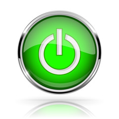 Green round media button. POWER button. Shiny icon with chrome frame and with reflection