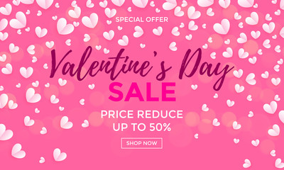Valentines day sale poster or banner for Valentine holiday shop seasonal discount offer. Vector design template of white hearts pattern on pink background